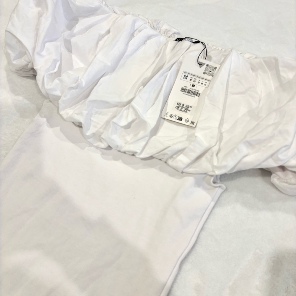 (BNWT) Zara White Off the Shoulder Puffy Mini Dress - Picture 5 of 5